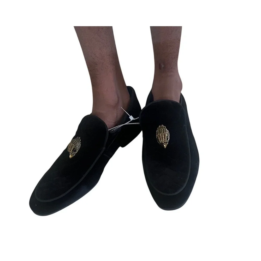 Kurt Geiger Black Velvet Loafers With Gold Hand Embellishments - Mens Slip-On S